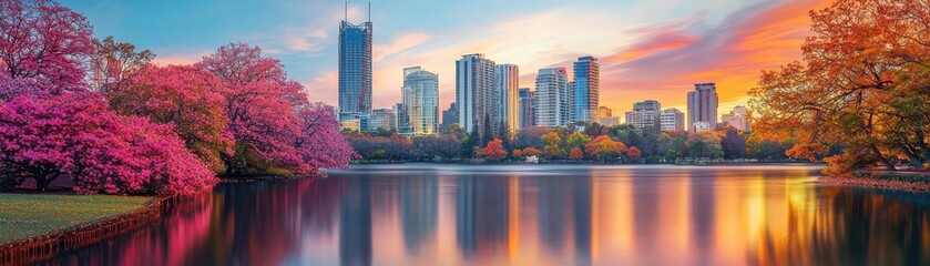 A stunning sunset view of a city skyline reflected on calm waters, surrounded by vibrant pink flowers and lush greenery, capturing urban beauty in nature.