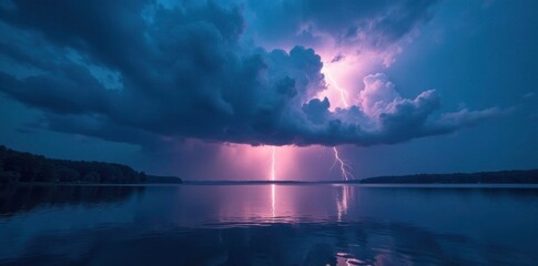 Wall Mural - Electric storm clouds gathering over the lake's calm waters, lake, thunder, clouds