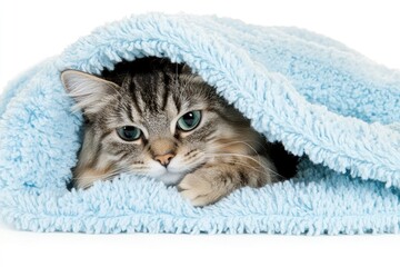 a domestic cat hiding beneath a soft blue blanket