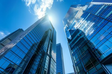 Wall Mural - Glass skyscrapers reflecting the blue sky and clouds on a bright sunny day