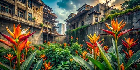 Wall Mural - Heliconia Flower Garden Urban Exploration: Vibrant Blooms in Decaying Cityscape