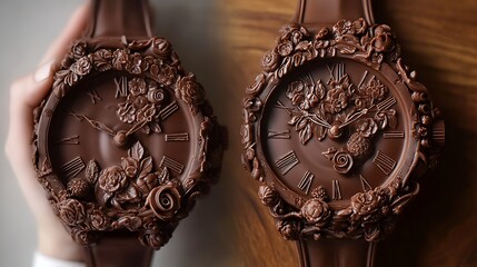 A chocolate watch with a detailed edible strap and clock face