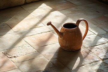 Wall Mural - A single clay watering can placed on a smooth stone floor with soft sunlight. picture