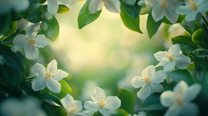 Wall Mural - Delicate White Flowers Surrounded by Lush Green Leaves Creating a Tranquil Garden Atmosphere