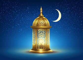 Wall Mural - Ramadan background, with ample copy space for text and graphics, adorned with an ornate lantern glowing under the crescent moon's light