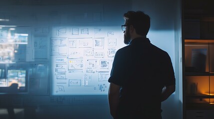 a creative developer sketching wireframes for a web application on a whiteboard