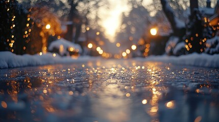 Canvas Print - Icy street, sunset, snowy neighborhood, holiday lights, winter postcard