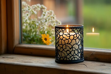 Wall Mural - Elegant Candle on Window Sill with Flowers