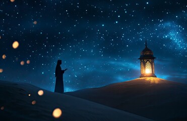 Wall Mural - Ramadan, night sky with stars and moon, Arabic lantern in the foreground on top of a hill, silhouette of a Muslim man sitting and praying inside an old mosque