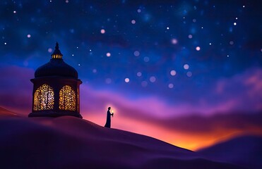 Wall Mural - Ramadan, night sky with stars and moon, Arabic lantern in the foreground on top of a hill, silhouette of a Muslim man sitting and praying inside an old mosque