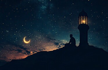 Wall Mural - Ramadan, night sky with stars and moon, Arabic lantern in the foreground on top of a hill, silhouette of a Muslim man sitting and praying inside an old mosque