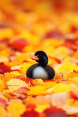 Poster - Cute duckling nestled in autumn leaves.