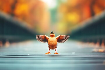 Poster - Cute duckling with wings spread on autumn boardwalk.