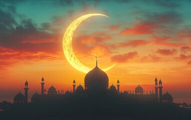 Wall Mural - Simple vector graphics, minimalist-style illustration of the background silhouette of a mosque at night