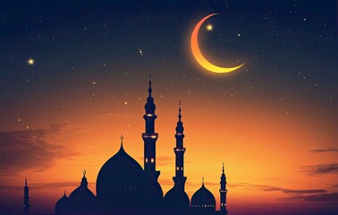 Wall Mural - Simple vector graphics, minimalist-style illustration of the background silhouette of a mosque at night