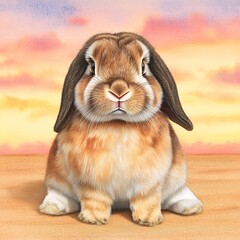 Poster - Cute lop-eared rabbit sitting at sunset.