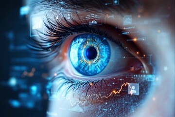 Wall Mural - close-up of a blue eye with data overlays and digital elements on a blurred background.