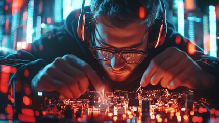 Poster - Focused Tech Engineer Analyzing Computer Circuits and Electronics in Workstation