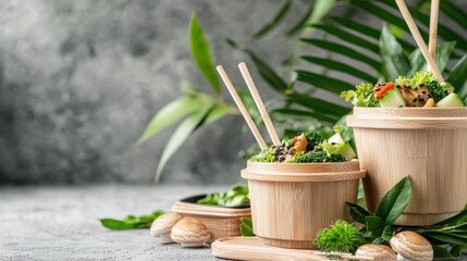 Poster - Potted Plants and Green Leaves on Wooden Table in Home or Office Interior