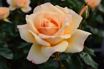 Poster - A close-up view of a bright yellow rose with green leaves, ideal for use in floral arrangements or as a decorative element