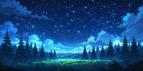 Wall Mural - Ghibliinspired dense forest glowing under starlit sky on anime background