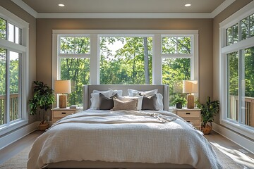 Minimalist bedroom. Two paintings in square frames on a white wall.