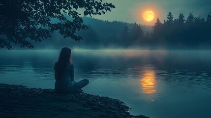Aufkleber - A woman sitting by a calm lake under the full moon, the soft light reflecting in the rippling water