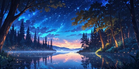 Wall Mural - Starlit forest canopy glowing above tranquil lake on anime background