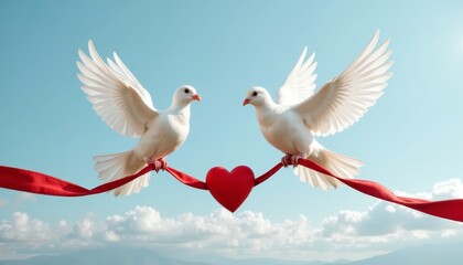 two white doves in the sky with a red ribbon and a heart