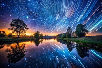 Serene Starry Night River Landscape: Peaceful Night Sky Reflection
