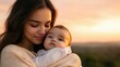 © pisan - Experience the profound connection of a parent cradling a child under soft pink skies, a tender moment of love and nurturing captured beautifully These images showcase parental affection, and warm