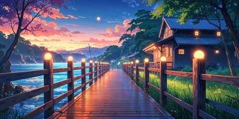 Wall Mural - Wooden pier glowing countryside artistry on anime background