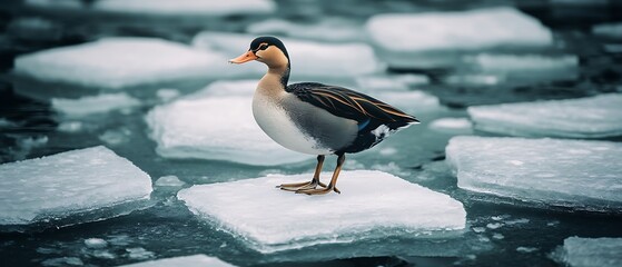 Wall Mural - Duck standing on ice floe in dark water.