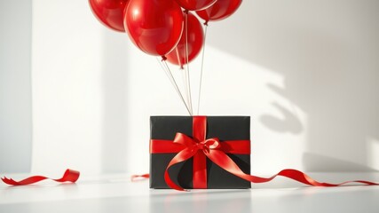 Wall Mural - A black gift box with a red ribbon, elegantly presented beneath a cluster of vibrant red balloons.