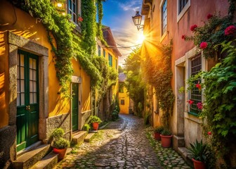  Sintra Portugal Alleyway: Charming Cobblestone Street, High Depth of Field Stock Photo