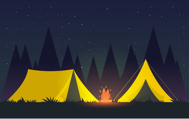 camping area landscape with tents. camping at night. vector stock