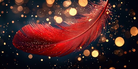 Wall Mural - red feather is in the air with a lot of sparkles around it