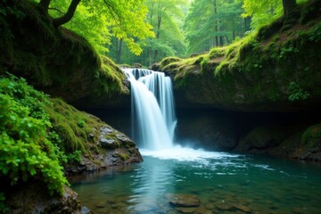 Wall Mural - Emerald moss and tree foliage on rocky waterfalls, drip, waterfalls