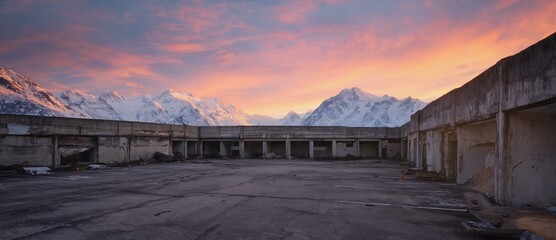 Canvas Print - Abandoned Parking Lot at Sunrise with Mountain View