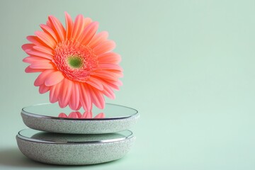 Wall Mural - A decorative plaster podium with stone, powder, and a gerbera flower set against a beige background