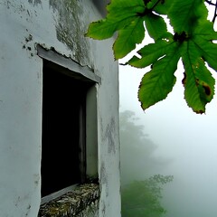 Sticker - Foggy day, old building, window, leaves.