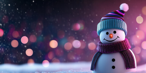 Wall Mural - Snowman with hat and scarf on snowy background with bokeh lights. Christmas and winter holiday content