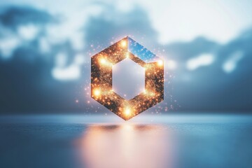 Wall Mural - vibrant geometric shape illuminated by pink and blue neon lights against a backdrop of stormy clouds