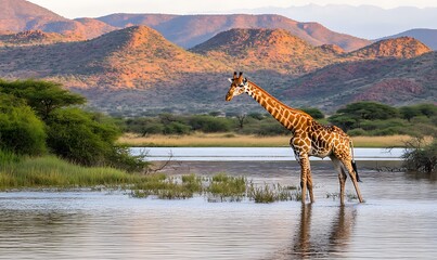 Wall Mural - Giraffe standing in shallow water, mountains background.