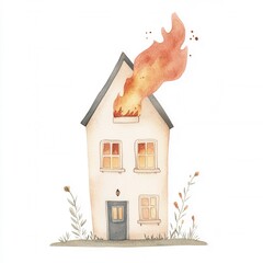 Wall Mural - House Fire Watercolor Illustration