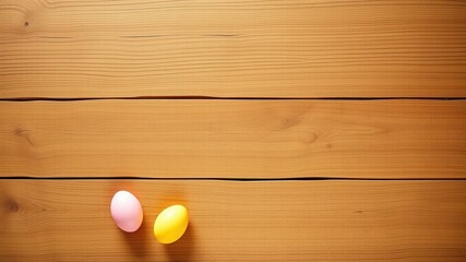 Poster - Two pastel eggs rest on a light brown wooden surface