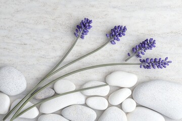 Wall Mural - A platform with white stones and a podium, featuring a flower against a white light background. A minimal empty display for product presentations