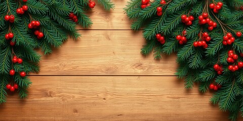 Poster - Festive Evergreen Branches with Red Berries on Rustic Wood Background