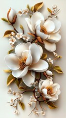 Wall Mural - In this stunning stucco relief, magnolia blossoms are arranged in layers and bordered by waxy leaves and ivory petals