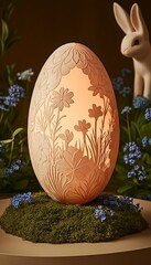 Poster - Illuminated eggshell carving; floral design, soft light, mossy base, rabbit.